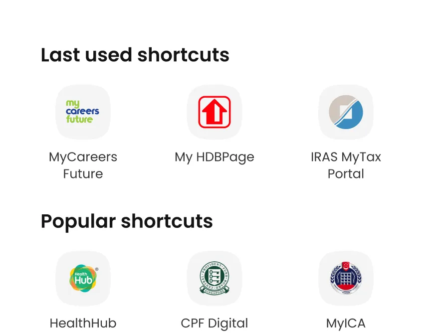 Screenshot of login shortcuts in Singpass app, like CPF E-services and Healthhub